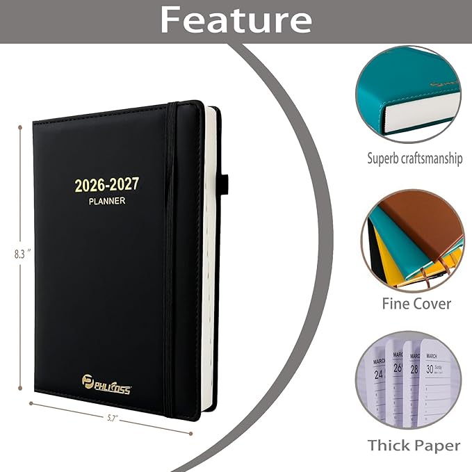 Daily Planner 2026-2027, Academic Calendar(July 2026 - June 2027) - One Page Per Day, Daily Monthly Agenda, 5.7" x 8.3" Appointment Book with Hourly Schedule and Monthly Tabs (Black)