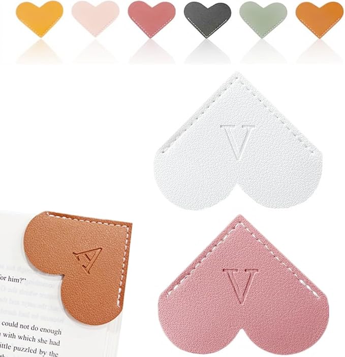 Personalized Leather Heart Bookmark, 26 Letters Customized Corner Book Mark for Reading Women, Book Marker with Initials，Cute Gifts (White+Deep Pink, V)