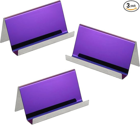 PATIKIL Business Card Holder for Desk, 3Pcs Business Card Holders Stainless Steel Card Stand Organizer Cards Display for Office Exhibition, Purple