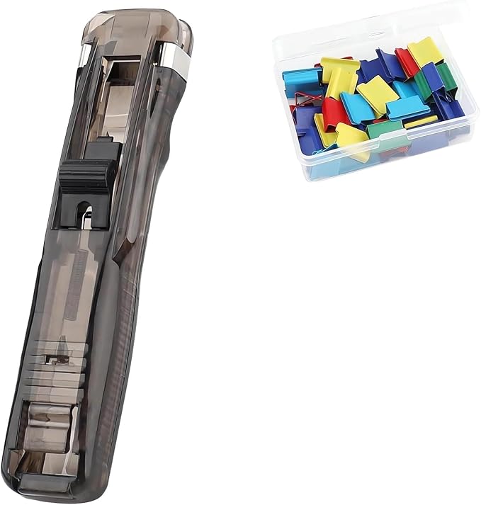 Portable Binder Clip Stapler,Includes 50 Reusable Clips Desktop Push Stapler Binder Clips Paper Clamps,Desktop Document Organizer for Home School Office (Black)