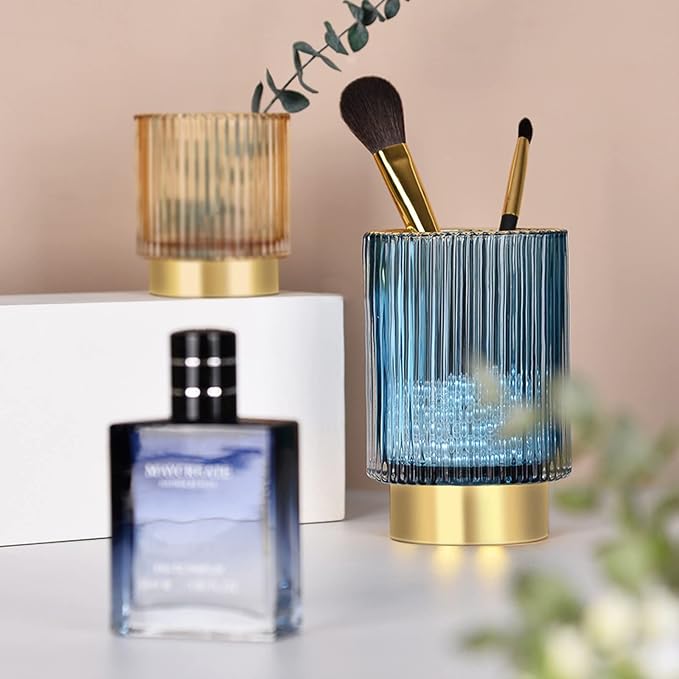 Thick Glass Pen Pot Cute Decorative Pencil Holder Cup for Desk Makeup Brush Holder for Home Office (Blue)