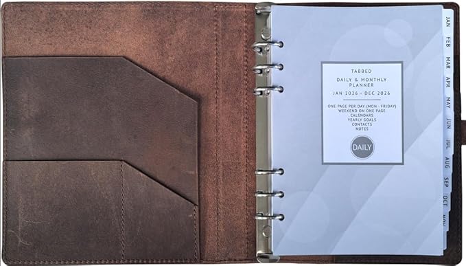 Leather Daily Planner - Day on One Page, Jan 2026 to Dec 2026, Genuine Leather Binder, Refillable, A5 Size