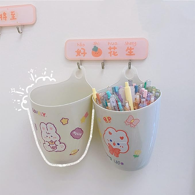 Wall Mount Pen Holder with Hanging Hook Remote Large Waste Basket Office Desk Management Organizer for Students Pen Cup Organizer Holder for Desk Unique White Cute Pink