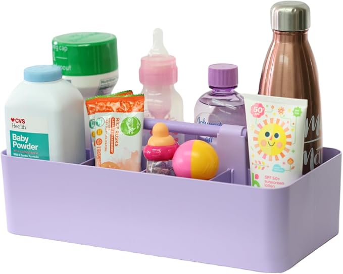 Portable Caddy Organizer -2 Stackable Plastic Caddy with Handle | Desk, Makeup, Dorm Caddy, Classroom Art Organizers (Made In Usa) (Black/Lavender)