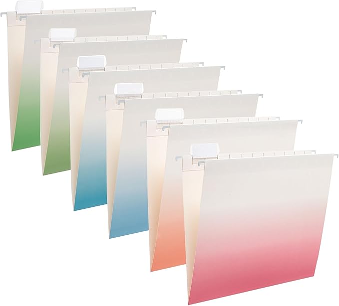6 Pack Gradient Hanging File Folder Letter Size Reinforced Hanging Folders with 1/5-Cut Adjustable Tabs File Folders for Filing Cabinet Organizer for Office Home, Assorted Colors