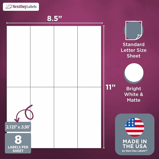 NextDayLabels 2.13x5.5 Inch Rectangle Stickers White Blank Labels for Laser Inkjet Printer - 8 Per Sheet Self-Adhesive Unique Size Label Made in USA - 2,000 Labels