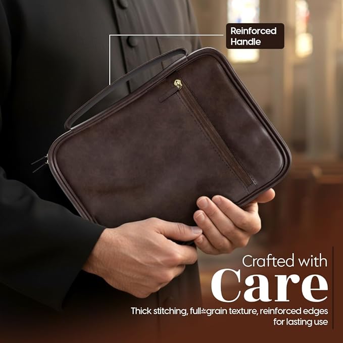 Leather Bible Cover Case - Premium Bible Cover for Men Featuring Soft Suede Lining & Multiple Pockets - Secure Carry Handle & Bookmark Ribbon - Essential Mens Bible Case for Daily Devotion