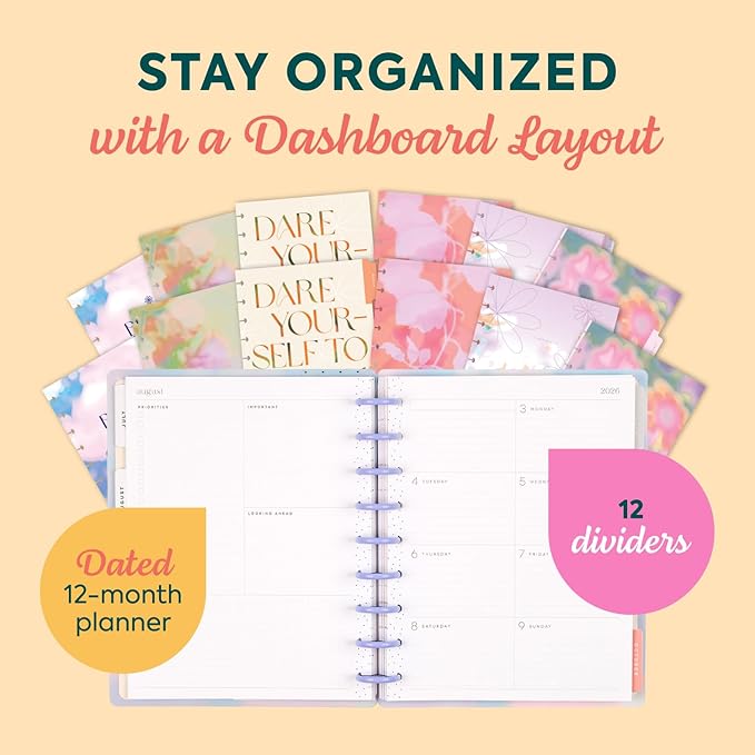 Happy Planner Disc-Bound Planner July 2026–June 2027, Includes 3 Extra Months and 2 Sticker Sheets, Classic Size, 7" x 9.25", Dashboard Layout, Blurred Fleurs