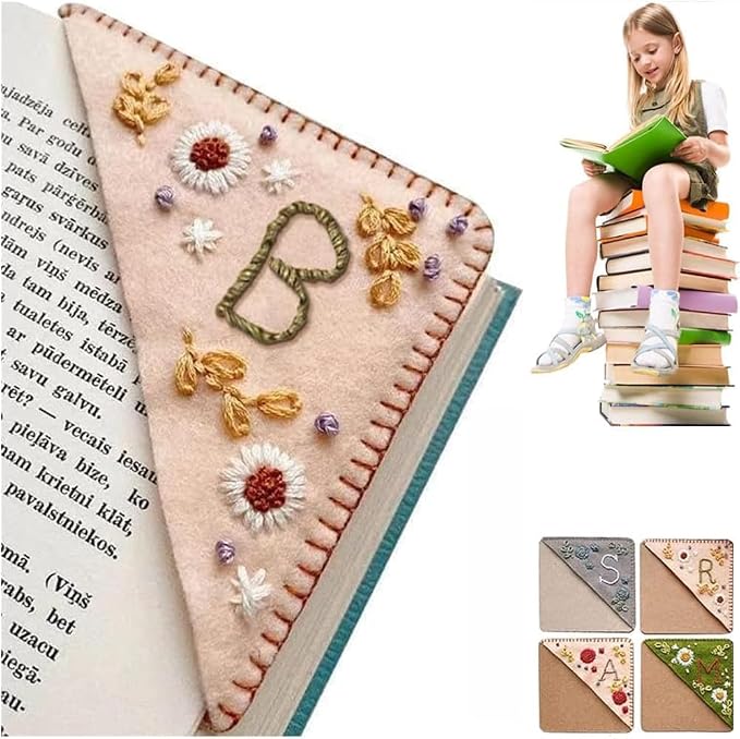 Personalized Hand Embroidered Corner Bookmark, 26 Letters Cute Flower Embroidered Corner Bookmark Embroidery Book Marker Clip for Book Lovers Bookmarks for Reading Lovers Meaningful GIF (Spring, B)