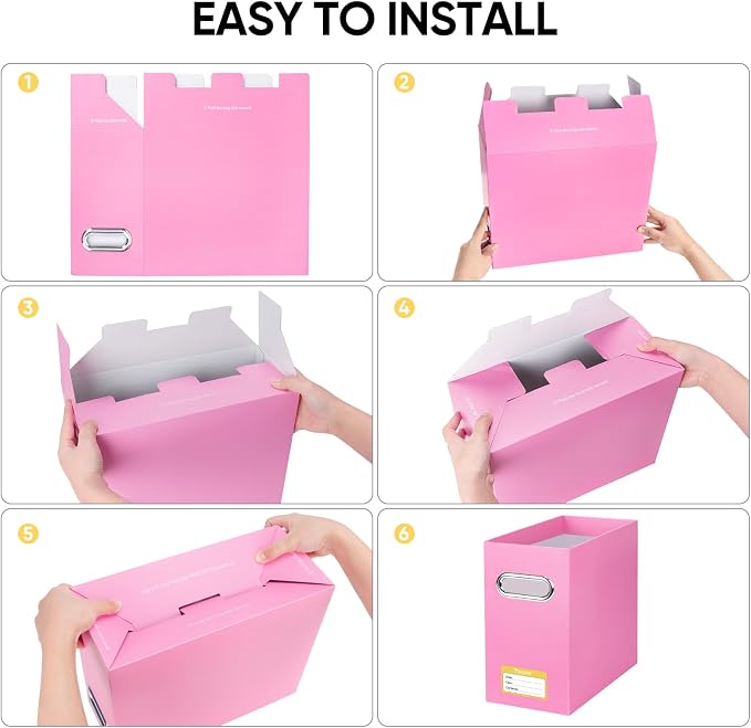 BALEINE File Organizer Box, Cardboard File Folder Organizer with Handle for Letter Size, Portable Collapsible Hanging Filing Box for Home Office Document Storage (1 Pack, Pink)