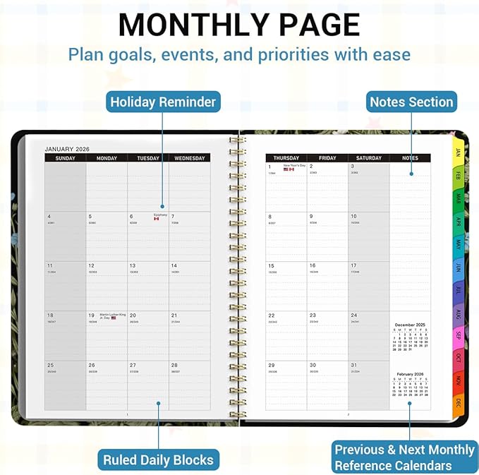 Planner 2026, Weekly & Monthly Calendar Planner, January 2026 - December 2026, Hardcover Agenda Book with Tabs, A5 (6.3" x 8.5"), Daily Organizer Notebook for Student Teacher Office School Supplies, Wild Flowers
