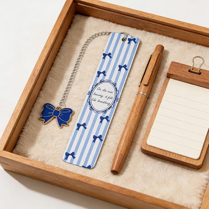 Pink Bow Metal Bookmark Gift Silver Chain Pendant with Bow for Women's Christmas Gift Book Lover Book Accessories School Supplies Office Stationery (Blue Bow Bookmark)