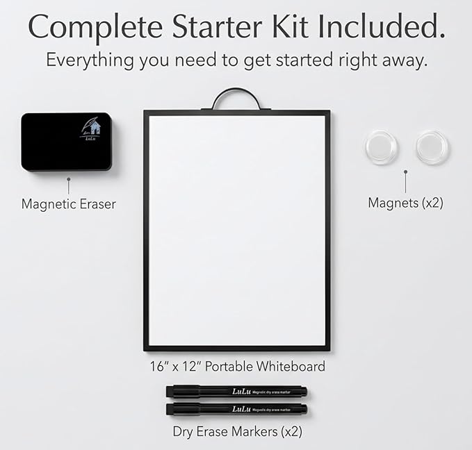 Black Magnetic Dry Erase Whiteboard 12 x 16 Double Sided, Portable Desktop Small White Board with Handle, to Do List Note Board, Write and Wipe for Desk Wall, Includes 2 Markers Eraser 2 Magnets