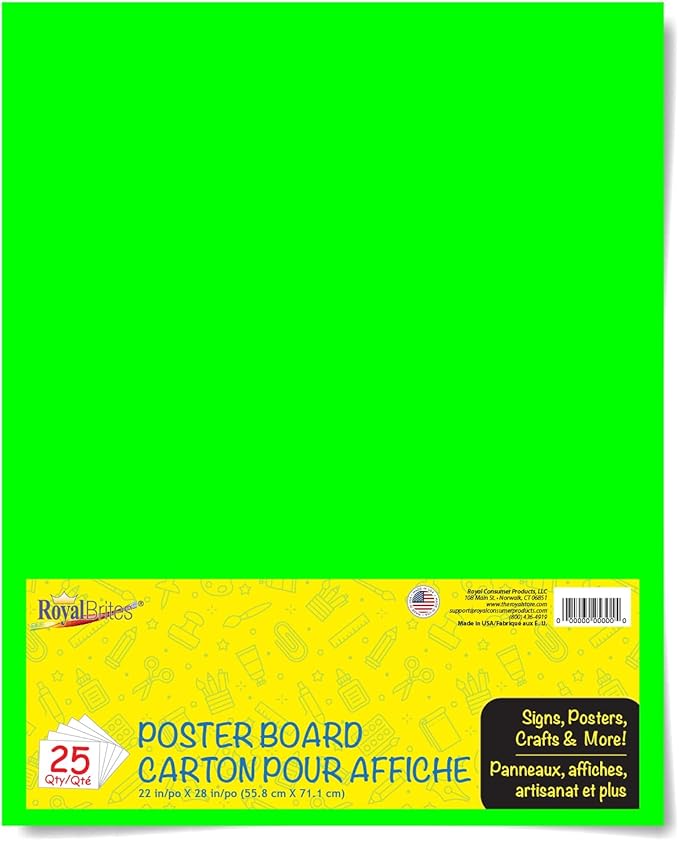 Fluorescent Green Poster Board, 2-Sided 22x28, 25 Count - Water & Fade Resistant for Signs & Presentations
