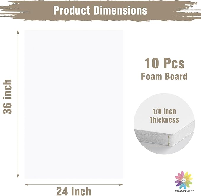 Mat Board Center, Pack of 10 Acid-Free Foam Boards, 24x36 inch White Foam Boards, 3/16" Thick