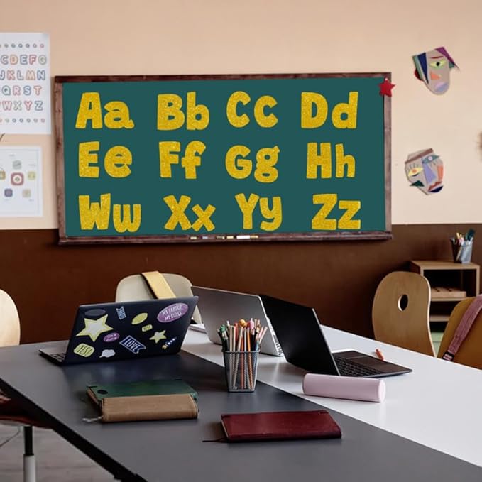 225Pcs Glitter Bulletin Board 4inch Letters with Adhesive Dots Punctuation Symbols Cutout for Classroom Numbers Alphabet School Display Decorating Supplies (Gold)