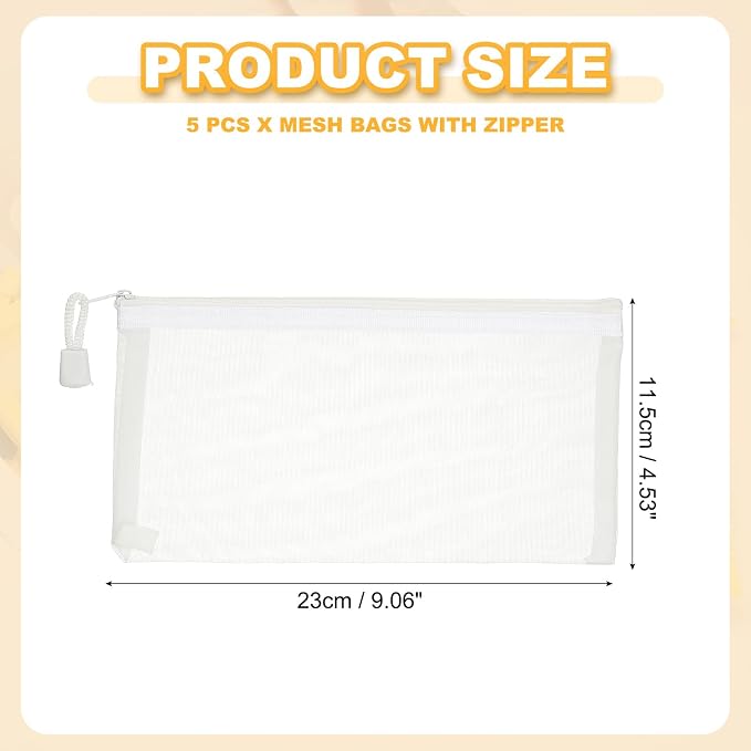 PATIKIL B6 Mesh Zipper Pouch Bags, 5 PCS Mesh Bags with Zipper Plastic Storage Pocket for Organizing File Beads Office Home Supplies, 11.5x23cm, White