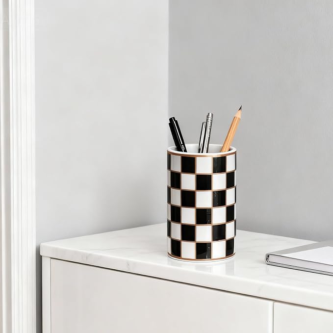 Ceramic Checkered Pen Holder For Desk,Cute Stand Black And White Pencil Cup,Durable Ceramic Pencil Cup, Decorative Makeup Brush Holder Cup, Stationery Holder for Office, School, Home (Black)