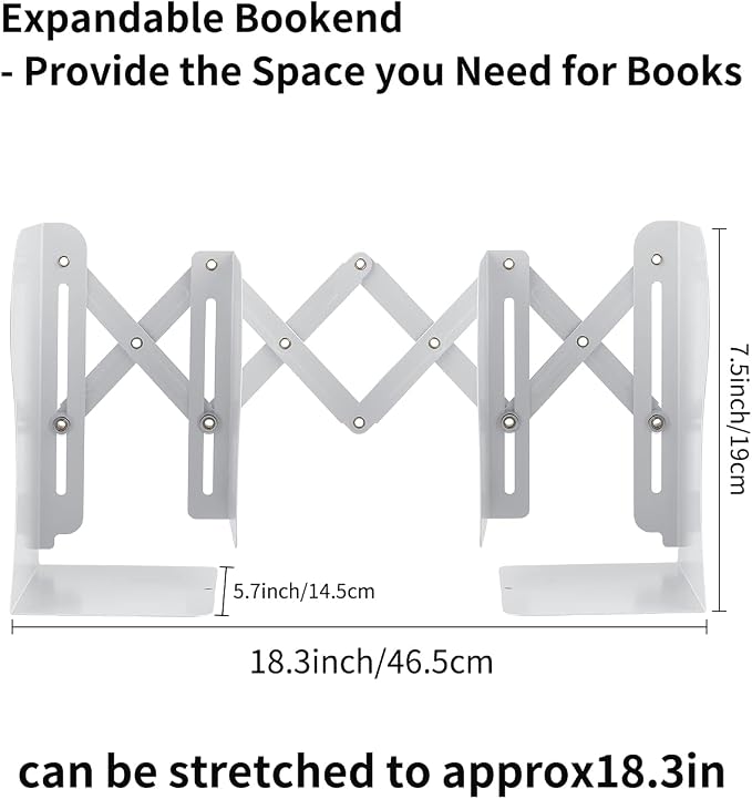 MSDADA Adjustable Bookends, Book Ends for Heavy Books, Expandable Book Organizer for Desk, Shelf, Office, School, for 6 7 8 9 10 11-15 Boys and Girls, Extends up to 19 inches (White)