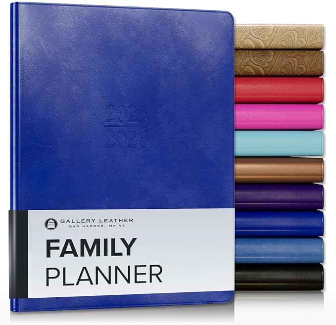 Gallery Leather Family Planner 2025-2026, for moms, Elegantly Bound Calendar Planner and Notebook with Stylish White Page Edges, 18 Months - Acadia Malibu - 9 x 7 "