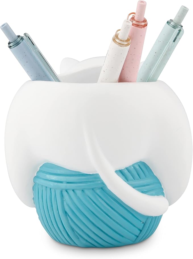 Chapman and Grand Relaxing Kitty Cat Pen Holder, White/Turquoise, Patented