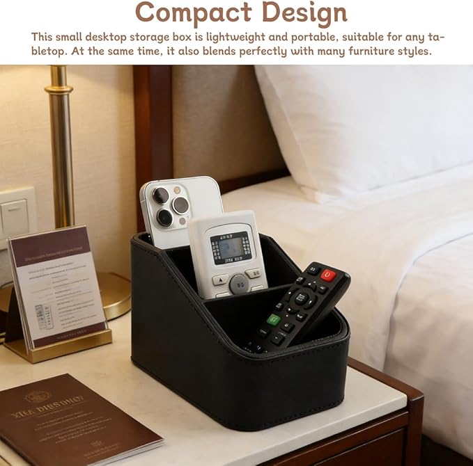 PU Leather Remote Control Holder, Small TV Remote Holder with 3 Compartments, Bedside Table Desktop Organizer for DVD, Media Player, Heater Controllers, Cosmetics, Office Supplies(COLOR:Black)