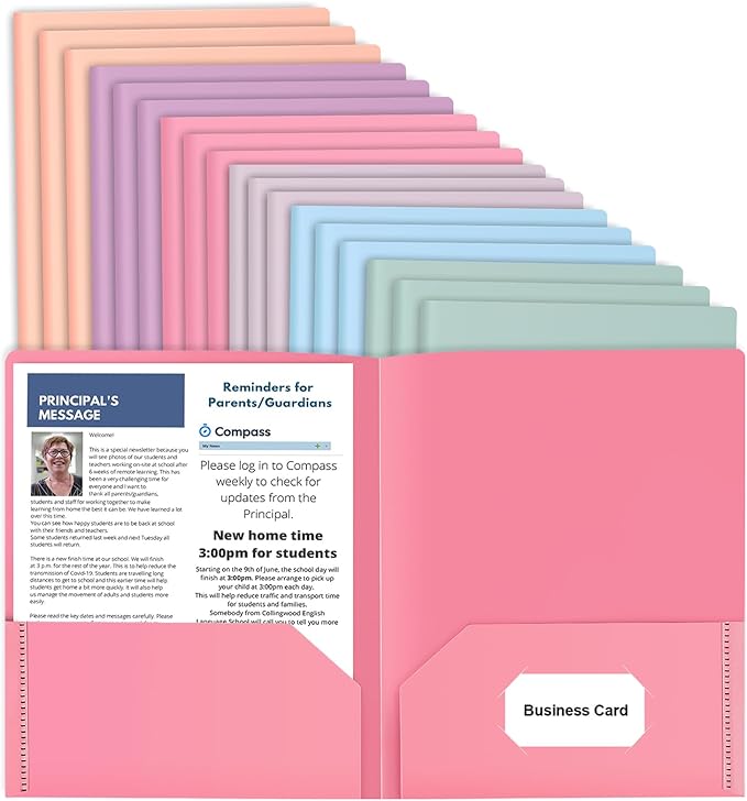 18 Pack Colored File Folders with Pockets and Business Card Holder, Pastel Decorative Pocket Folders for Documents, Cute Plastic Folders for Filing Cabinet, School, Office, Resume Portfolio