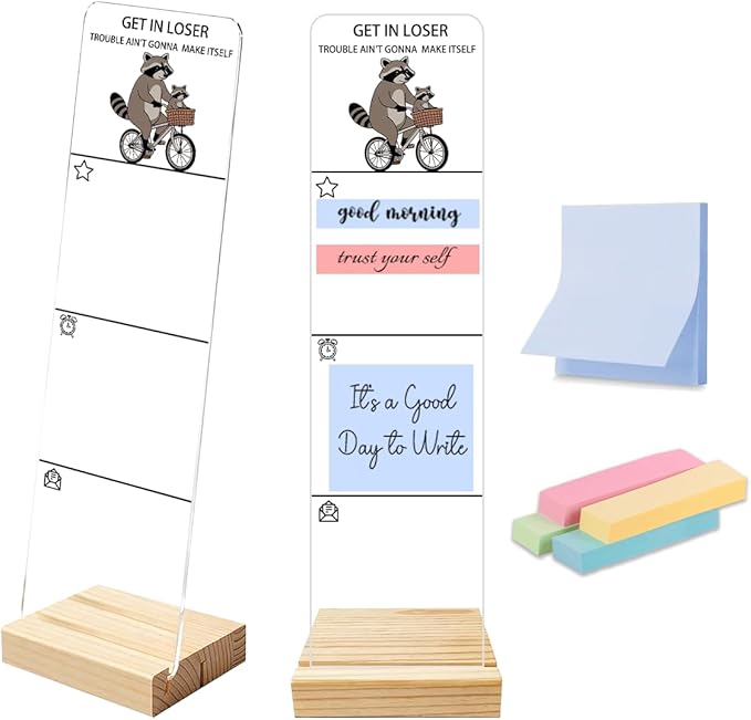 Sticky Notes Monitor Memo Board Acrylic Holder with Removable Wooden Base, Get in Loser Logo Desk Set with 200 Sheets Two Sizes Sticky Notes, Office Desk Accessories Organizer