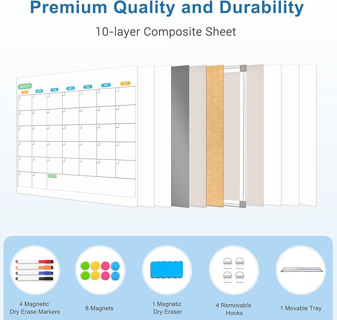 Dry Erase Board Calendar for Wall, 36" x 24" Magnetic Whiteboard Calendar, Monthly Calendar Whiteboard for Wall, Double-Sided Hanging Aluminum Frame White Board for Home, School, Office