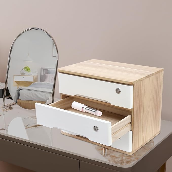 Lockable Desk Organizer Wooden Desktop Drawers Office Flat Files Storage Box Locking Countertop Storage Cabinet (Wood Color + White, 3-Tier)