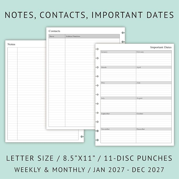 2027 Weekly Planner Refills for 11-Discbound Notebooks, Monthly Tabs, 11-Disc Punches, Letter Size, 8-1/2" x 11"
