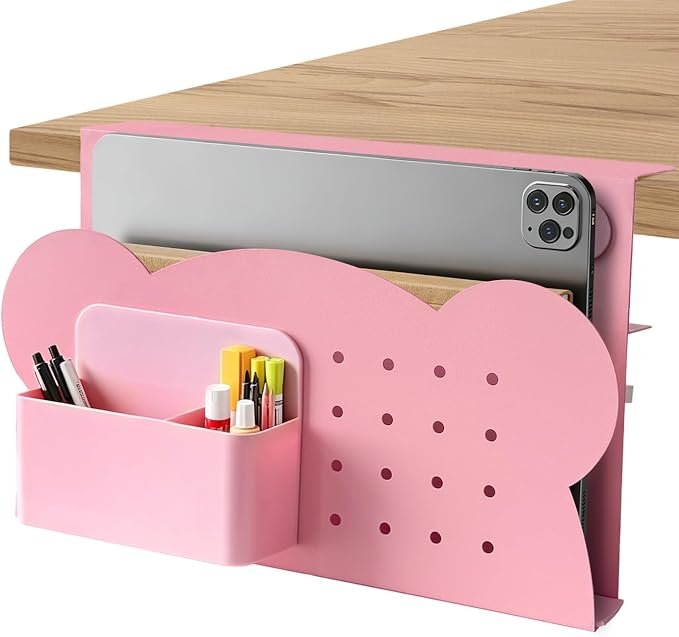 Under Desk Laptop Holder, No Drill Table Side Storage Organizer, Cute Pink Panda Clamp On Desktop Shelf Steel Table Hanging Mount File Tray, Desk Accessories & Workspace Organizers (Pink Panda)