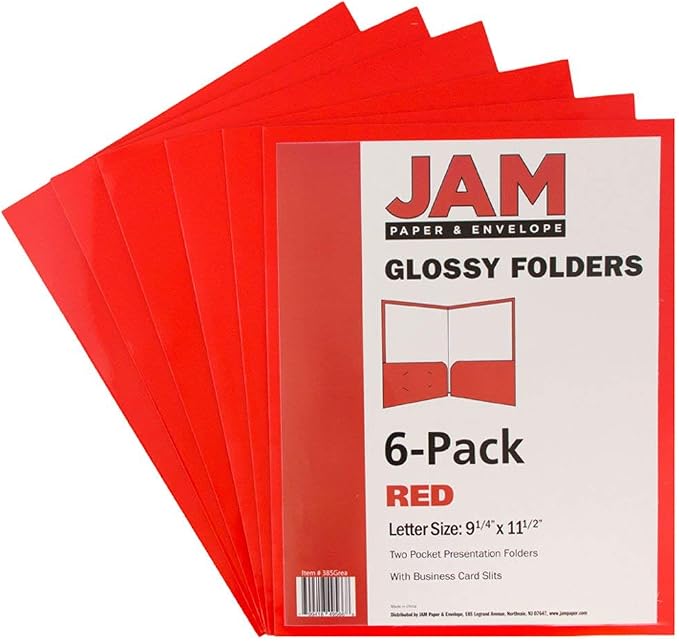 JAM PAPER Laminated Two Pocket Glossy School Folders - Letter Size - High Gloss Red - 6/Pack