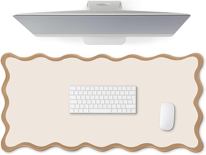 Hahafelt Scalloped Desk Mat Large Desk Pad Cute Coquette Table Mat Back to School Preppy Table Make up Pad Nonslip Graduation Gift with Stitching Waterproof Gaming(Beige,23.6 x 13.8 Inches)