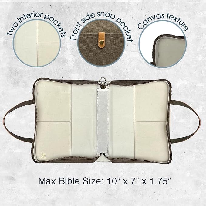 Bible Cover for Women by Bekah Rose | Canvas Case with Leather Handles, Purse Style Bible Bag with Zippered Closure and Snap Pocket (Olive Green, Medium Bibles)