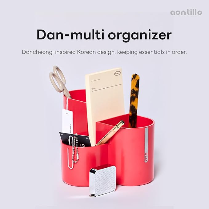 Aesthetic Desk Organizer [Modern Red] - Multi-Compartment Pen Holder & Remote Control Caddy, Modern Vanity Makeup Brush Organizer, Premium Stationery Storage (Made In Korea)