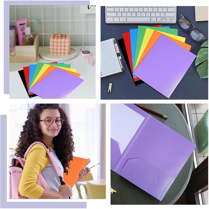 WADORN 14 Pcs Plastic Folders with Pockets, 7 Styles Document Folders Poly File Holds 11x9 Inch Paper Pocket Folder Durable Divider Folder Back to School Supplies for School Office Business Home