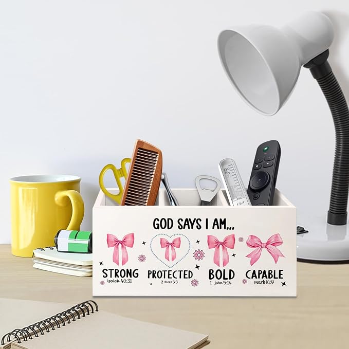 Christian God Says I Am Wooden Pen Pencil Holder for Desk Accessories, Christian Gifts for Women, Pink Coquette Bow Bible Verse Wood Makeup Brush Toothbrush Holder Organizer for Vanity Bathroom