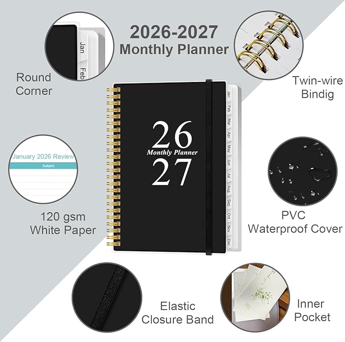 2026-2027 Monthly Planner - January 2026 - June 2027, Two Pages Per Month, 18 Monthly Calendar/Planner with Tabs, Inner Pocket, 6.4" x 8.5", Black