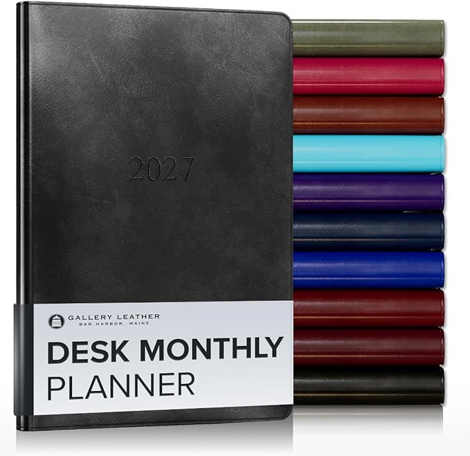 Gallery Leather Desk Monthly Planner 2027, Elegantly Bound Calendar Planner and Notebook with Stylish Gold-Gilded Page Edges, 18 Months - Acadia Black - 8x5.5"