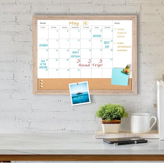 Monthly Calendar Dry Erase White Board & Cork Bulletin Board，13" x 17" Light Brown Wood Frame，Magnetic Surface Whiteboard.Perfect for Organizing Your Space.Whiteboard+Cork-3343B-QZ