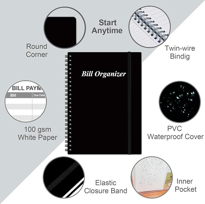 Bill Organizer - Monthly Bill Payment for Personal Budgeting Financial, Payments Checklist Organizer, 5.8" x 8.5", Black