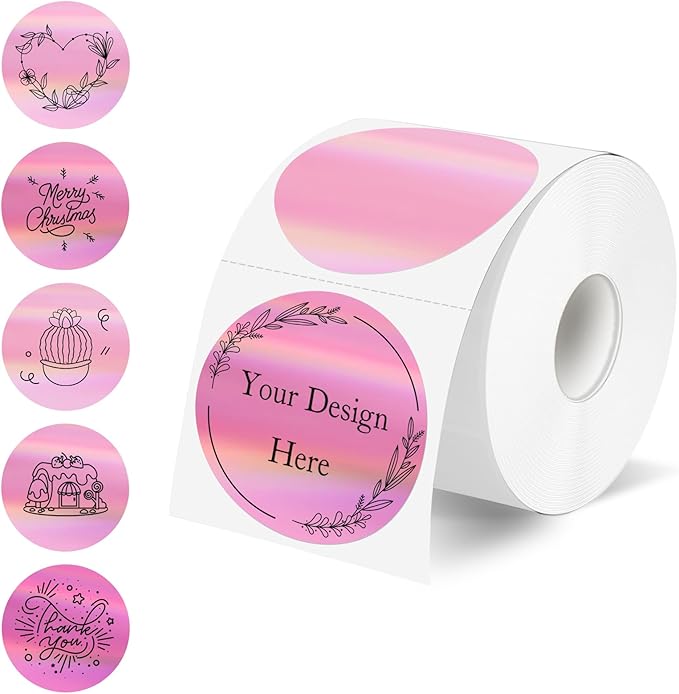 STARLIBOO 2 Inch Round Holographic Thermal Label Stickers, Glitter Circle Thermal Printer Sticker Labels, Self-Adhesive Direct Labels for Gift Wrapping- Pink Gradient Color