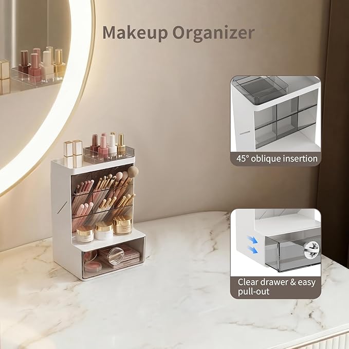 Office Desk Organizer with Drawer, 6 Compartments Pen Holder for Stationery & Craft, Multi-Purpose Art Supply Organizers Pencil Holder for Desktop, Vanity, Bathroom, Pantry & Home Storage