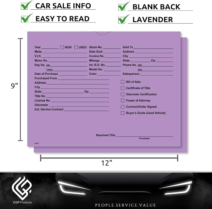 Printed Vehicle Deal Jackets Envelopes Folders for Auto Car Dealerships - 9x12 Size - Dealer Supplies - New and Used Cars - 100 Quantity (Lavender)