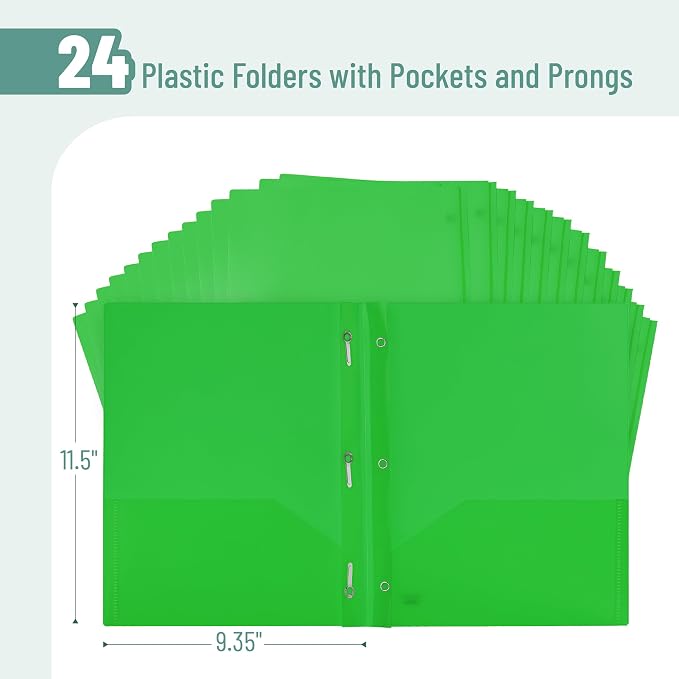 Mr. Pen- Plastic Folders with Pockets and Prongs, 24 Pack, Letter Size, Green, Flexible Plastic Folders with Prongs