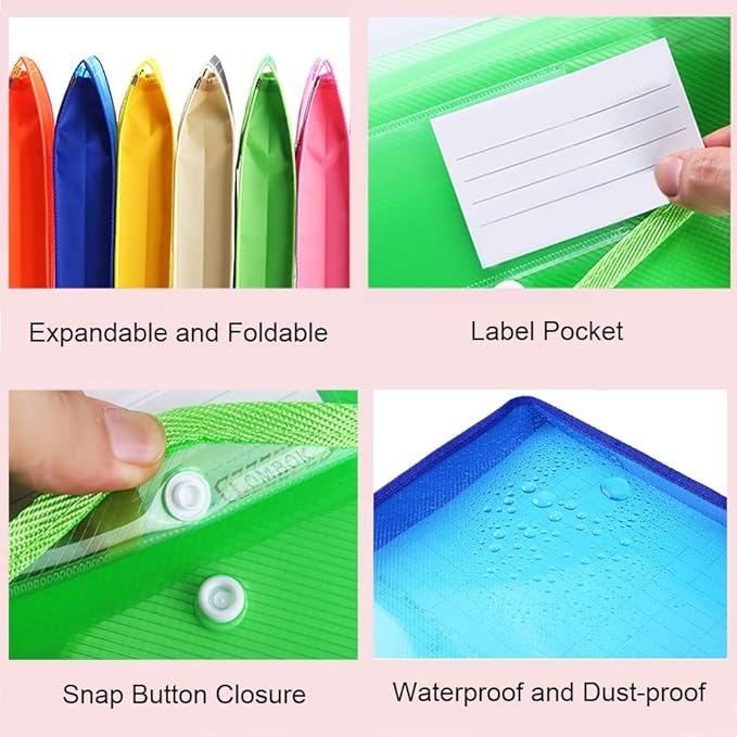 Plastic Document File Folder A4 Size Expandable Poly Envelopes Waterproof Transparent File Pouch with Snap Closure & Label Pocket Assorted Colors for School Office Organization (Vertical,10 Pack)