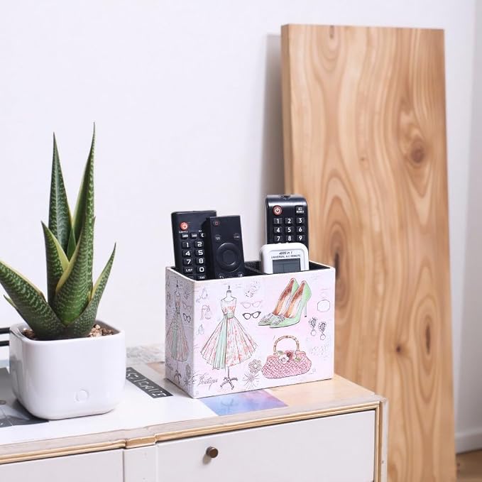 Decorative Remote Control Holder, Leather TV Remoter Caddy Storage Box Desktop Organizer Makeup Brush Pen Holder Storage Fits TV Remotes, Media Controllers, Office Supplies (Vintage Dress Pattern)