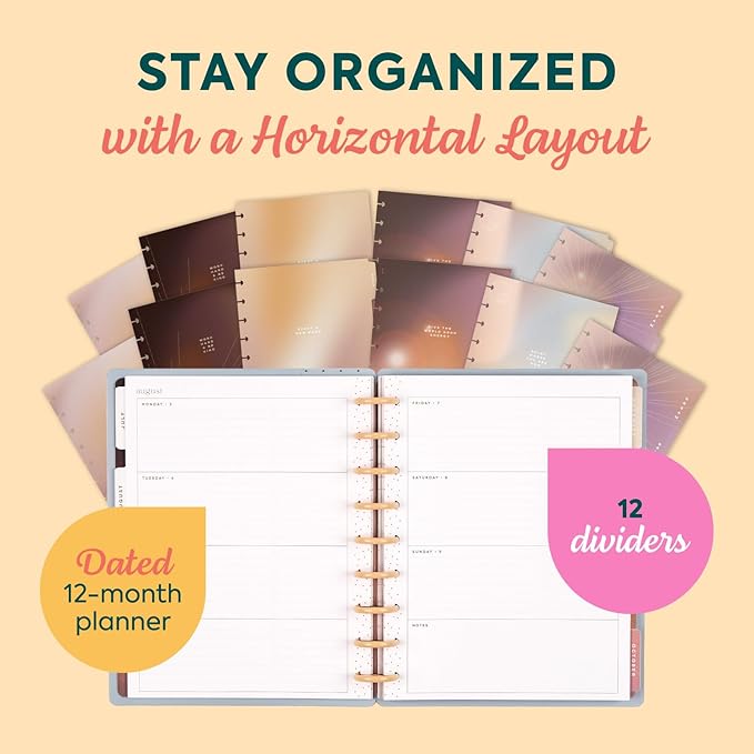 Happy Planner Disc Bound Planner July 2026–June 2027, Includes 3 Extra Months and 2 Sticker Sheets, Classic Size, 7" x 9.25", Horizontal Layout, Gradient Glow