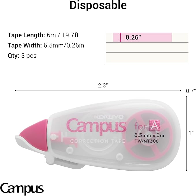KOKUYO TW-NT306X3 Correction Tape for Campus Notebooks, Single Use Type, A Ruled, Width 0.2 inches (6.5 mm) x 6 m (3 Pack)